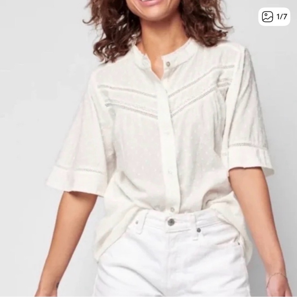 Faherty Rhoda White Lace Swiss Dot Button Down Blouse